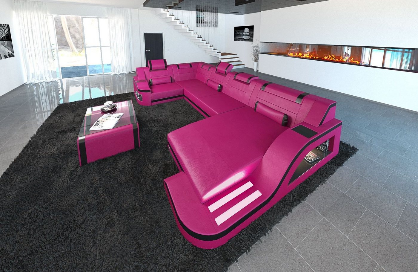 Sofa Dreams Wohnlandschaft Sofa Ledercouch Leder Palermo U Form Ledersofa, Couch, mit LED, wahlweise mit Bettfunktion als Schlafsofa, Designersofa von Sofa Dreams