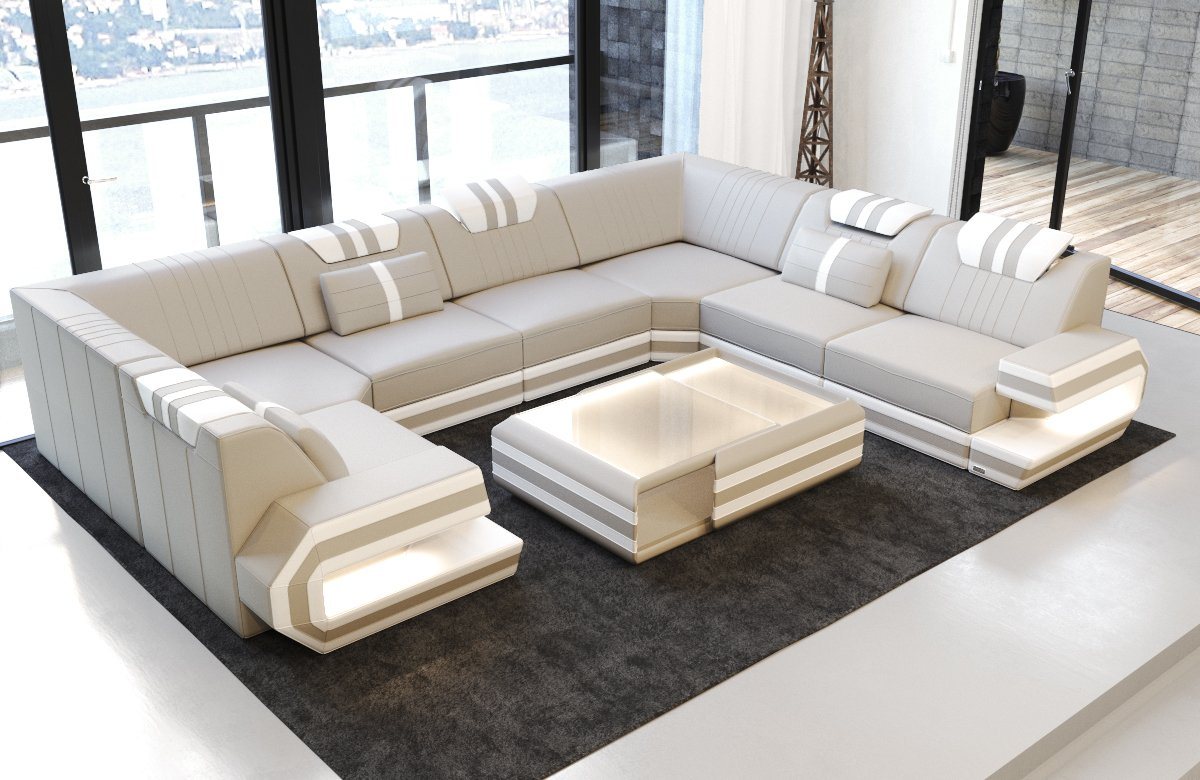 Sofa Dreams Wohnlandschaft Sofa Ledercouch Leder Ragusa U Form Ledersofa, Couch, mit LED, Designersofa von Sofa Dreams