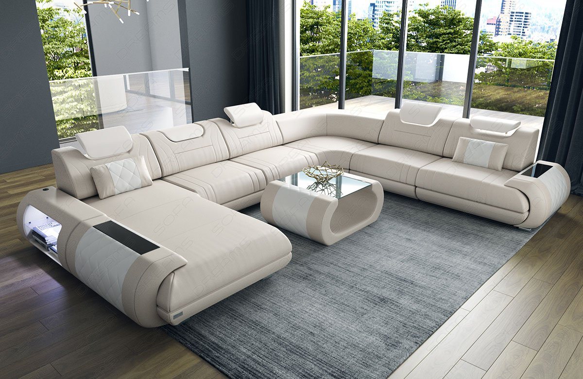 Sofa Dreams Wohnlandschaft Sofa Ledercouch Leder Rimini XXL U Form Ledersofa, Couch, mit LED, wahlweise mit Bettfunktion als Schlafsofa, Designersofa von Sofa Dreams