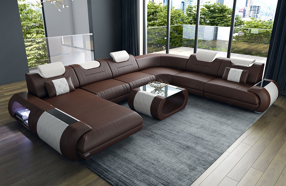 Sofa Dreams Wohnlandschaft Sofa Ledercouch Leder Rimini XXL U Form Ledersofa, Couch, mit LED, wahlweise mit Bettfunktion als Schlafsofa, Designersofa von Sofa Dreams