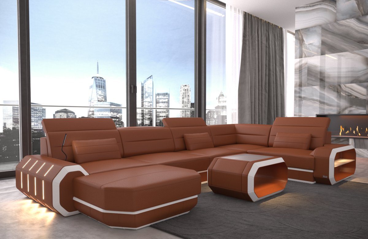 Sofa Dreams Wohnlandschaft Sofa Ledercouch Leder Roma U Form Ledersofa, Couch, mit LED, wahlweise mit Bettfunktion als Schlafsofa, Designersofa von Sofa Dreams