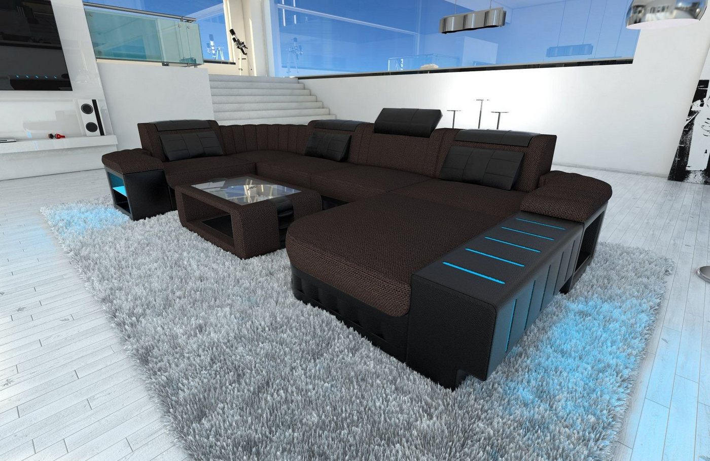 Sofa Dreams Wohnlandschaft Stoffsofa Couch Bellagio U Form Stoff Polster Sofa, mit LED, wahlweise mit Bettfunktion als Schlafsofa, Designersofa von Sofa Dreams