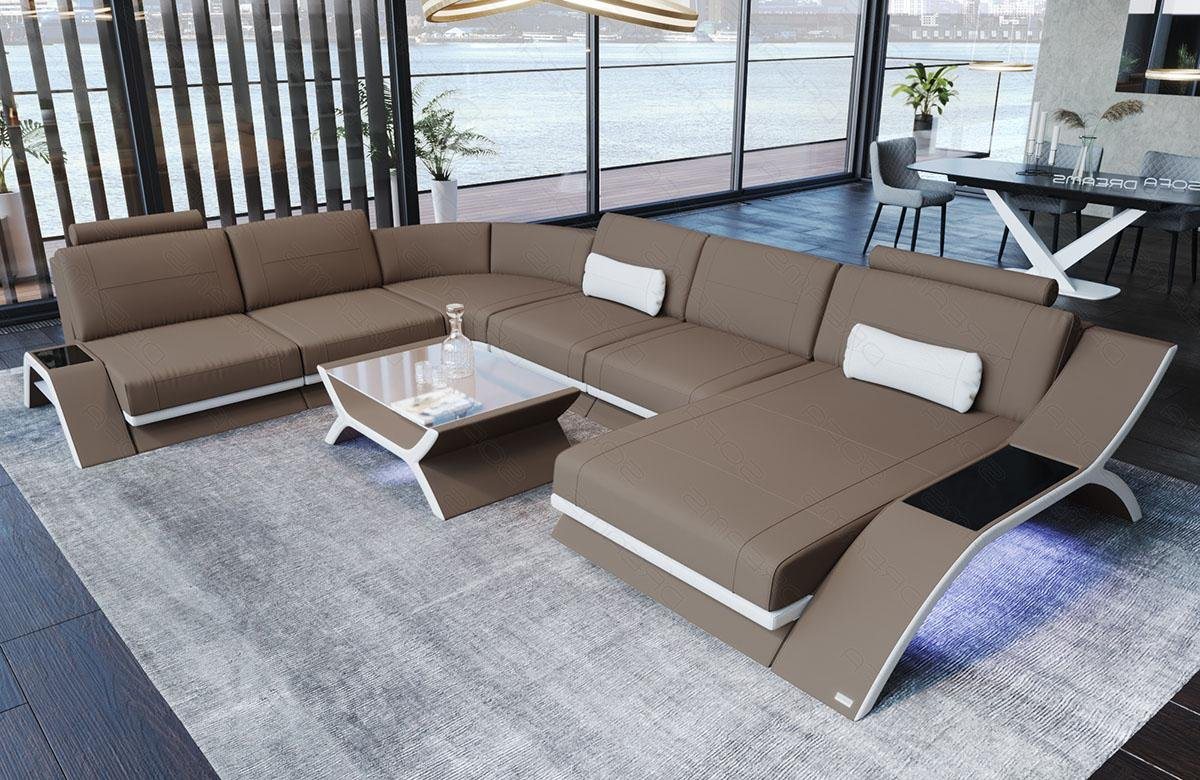 Sofa Dreams Wohnlandschaft Stoffsofa Couch Stoff Calabria XXL U Form Polstersofa, Mikrofaser, mit LED, Stauraum, USB_Anschluss, Designersofa von Sofa Dreams