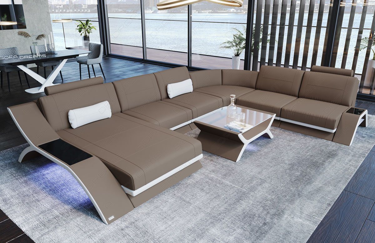 Sofa Dreams Wohnlandschaft Stoffsofa Couch Stoff Calabria XXL U Form Polstersofa, Mikrofaser, mit LED, Stauraum, USB_Anschluss, Designersofa von Sofa Dreams