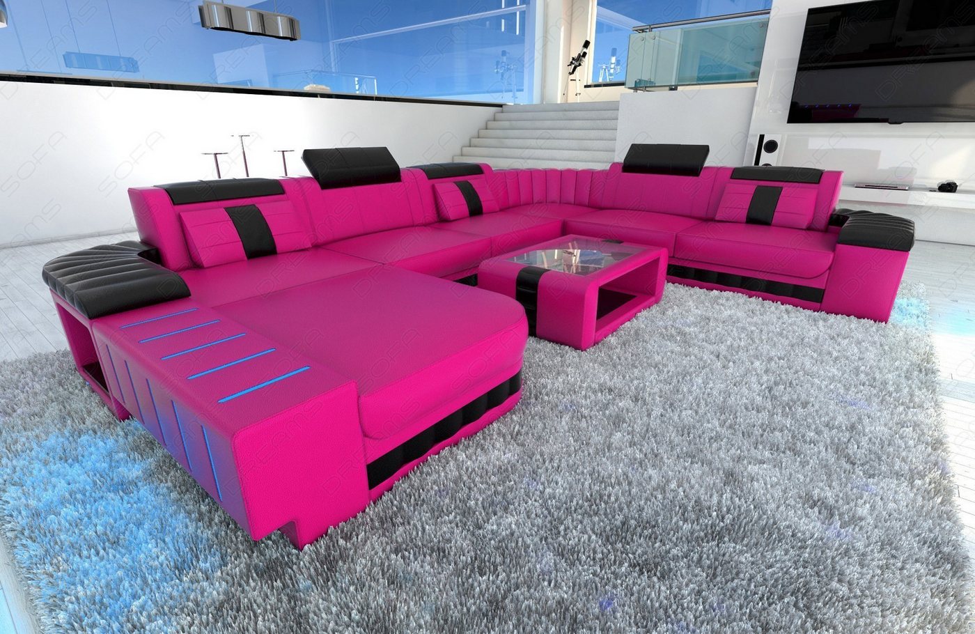 Sofa Dreams Wohnlandschaft Bellagio XXL Mini Leder, Designersofa, Couch, 6-Sitzer, LED-Beleuchtung, Sofa, Ottomane - Ausrichtung wählbar von Sofa Dreams