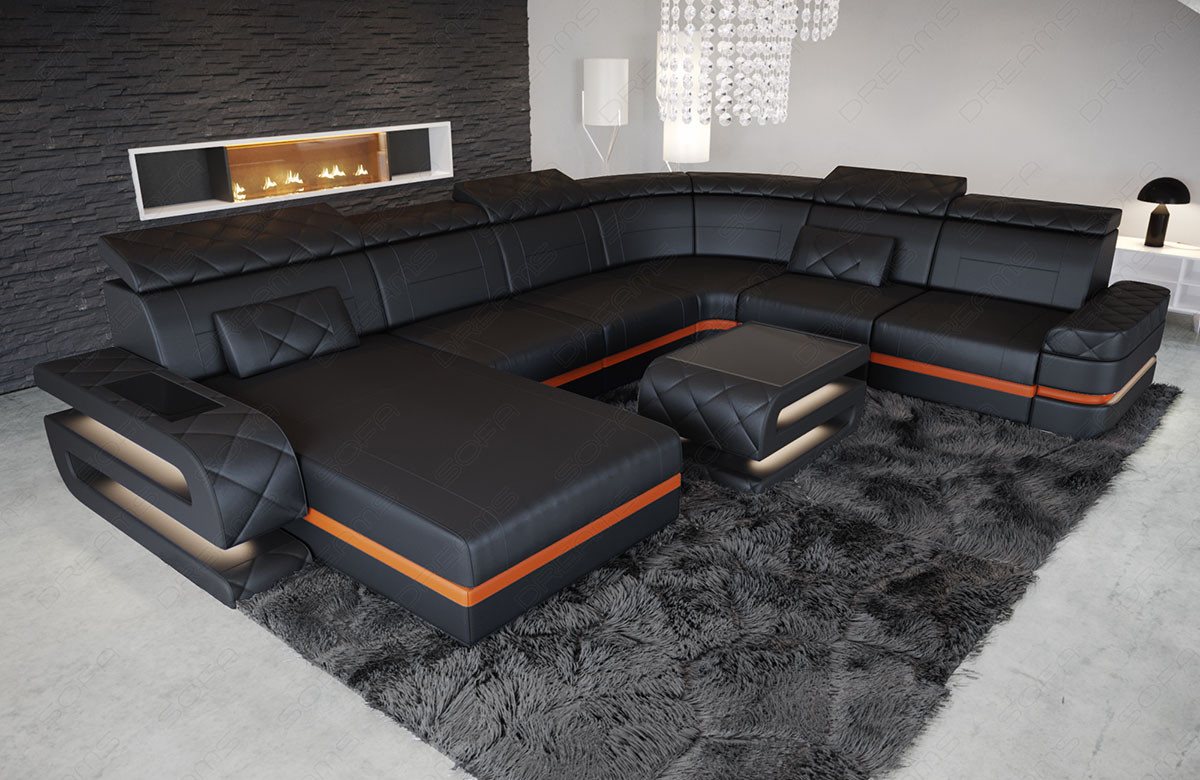 Sofa Dreams Wohnlandschaft XXL Ledersofa Bologna U Form Mini, Designersofa, Sofa mit Licht und USB von Sofa Dreams