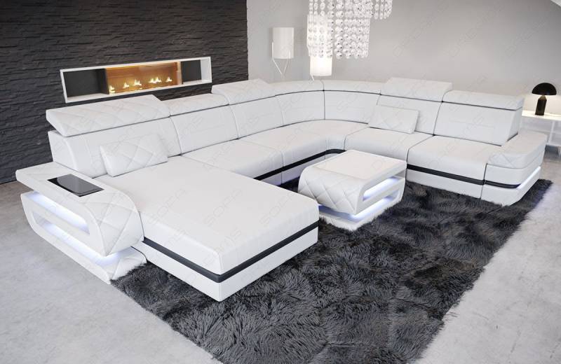 Sofa Dreams Wohnlandschaft XXL Ledersofa Bologna U Form Mini, Designersofa, Sofa mit Licht und USB von Sofa Dreams