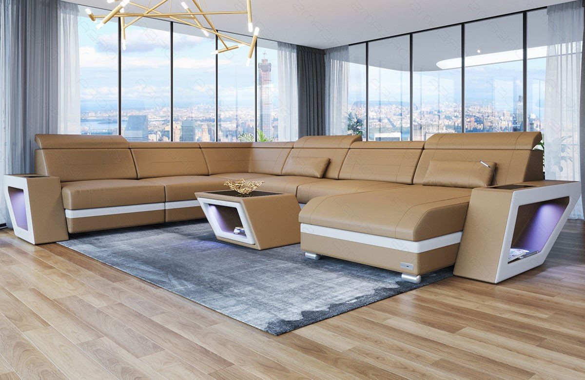 Sofa Dreams Wohnlandschaft Leder Sofa Catania XXL Mini, LED-Beleuchtung, Design-Couch, 6-Sitzer, Ausrichtung Ottomane wählbar von Sofa Dreams