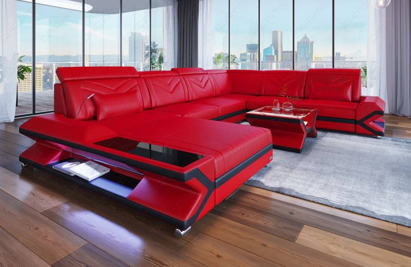 Sofa Dreams Wohnlandschaft Ledersofa Napoli XXL Mini, 6-Sitzer, Ottomane, LED-Beleuchtung, Leder, Kopfstützen, Bettfunktion von Sofa Dreams