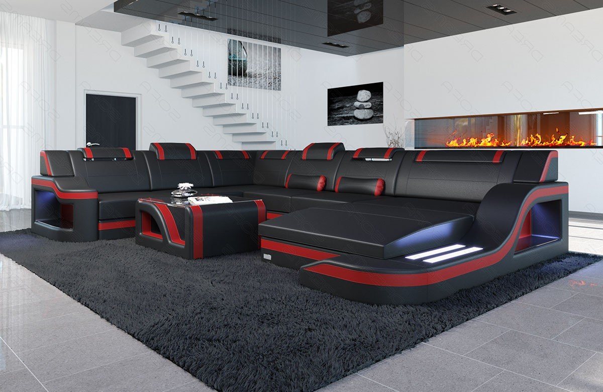 Sofa Dreams Wohnlandschaft XXL Ledersofa Palermo U Form Mini, Designersofa, Couch mit LED Licht und USB Anschluss von Sofa Dreams