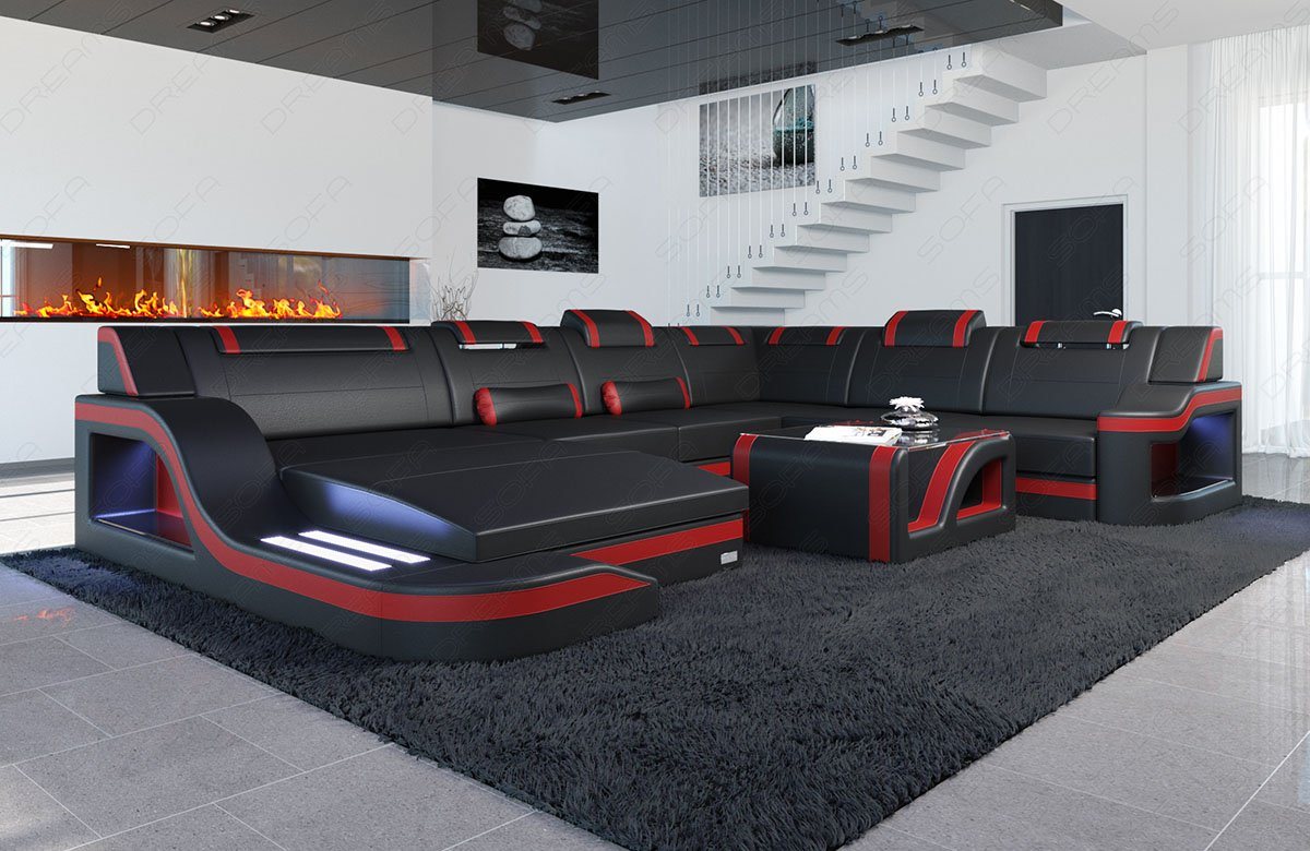 Sofa Dreams Wohnlandschaft XXL Ledersofa Palermo U Form Mini, Designersofa, Couch mit LED Licht und USB Anschluss von Sofa Dreams