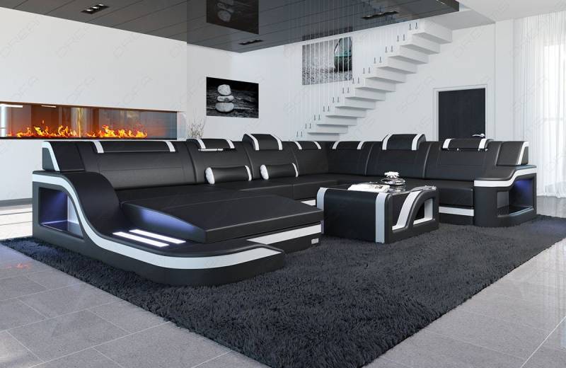Sofa Dreams Wohnlandschaft XXL Ledersofa Palermo U Form Mini, Designersofa, Couch mit LED Licht und USB Anschluss von Sofa Dreams