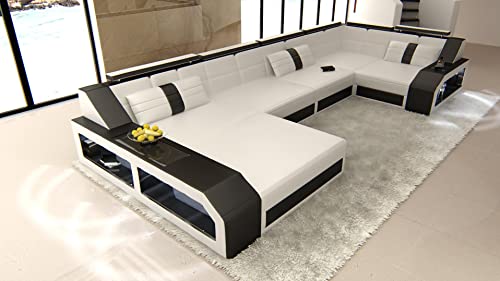 Sofa Wohnlandschaft Arezzo U Form Leder - mit LED Beleuchtung, verstellbare Kopfstützen, Recamiere/Lederfarben wählbar/Ausrichtung Ottomane wählbar (Ottomane Links, Weiß-Schwarz) von Sofa Dreams