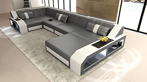 Sofa Wohnlandschaft Arezzo U Form Leder - mit LED Beleuchtung, verstellbare Kopfstützen, Recamiere/Lederfarben wählbar/Ausrichtung Ottomane wählbar (Ottomane rechts, Grau-Weiß) von Sofa Dreams