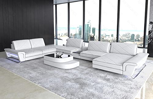 XXL Sofa Wohnlandschaft Bari in Leder Sofa mit USB-Anschluss Kopfstützen LED-Licht Ledersofa Designersofa Couch (Ottomane rechts (auf Sofa blickend), Weiss-Schwarz) von Sofa Dreams