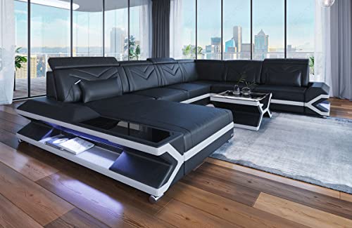 XXL Sofa Wohnlandschaft Napoli als Ledersofa in U-Form Couch mit LED-Beleuchtung und Kopfstützen (Ottomane Links, Schwarz-Weiß) von Sofa Dreams