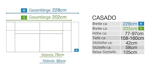 sofanella Leder 3-Sitzer CASADO - Hochwertige Dreisitzer Couch italienisches Design - Designer Ledersofa mit Relax-Sitzverstellung - Creme M: 228 Breite x 108 Tiefe von sofanella