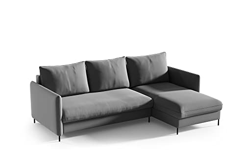 BELIS Ecksofa mit Schlaffunktion L-förm Liegefläche: 201 x 150 cm Boucle-Velours-Stoff Sofa 3-Sitzer Ecksofa mit Schlaffunktion und Bettkasten (Riviera 91 - grau) von Sofello