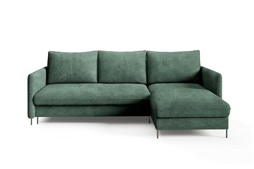 BELIS Ecksofa mit Schlaffunktion L-förm Liegefläche: 201 x 150 cm Boucle-Velours-Stoff Sofa 3-Sitzer Ecksofa mit Schlaffunktion und Bettkasten (abriamo 09 - grün) von Sofello