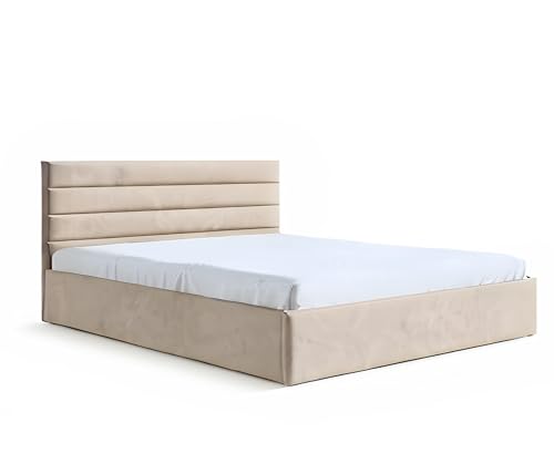 Polsterbett BELLA Rosa aus Velour 120 x 200 140x200 160x200 180x200 200x200 cm Holz Lattenrost Bett aus Samt Doppelbett mit schöner Steppung und besonderem Design (riviera 21 - beige, 140x200) von Sofello
