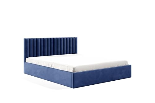 Polsterbett FAME mit Metall Lattenrost 120x200 140x200 160x200 180x200 200x200 Doppelbett Designerbett mit Rahmen mit Bedkasten Kopfstütze aus gepolsterten Platten (riviera 81 - blau, 180x200) von Sofello