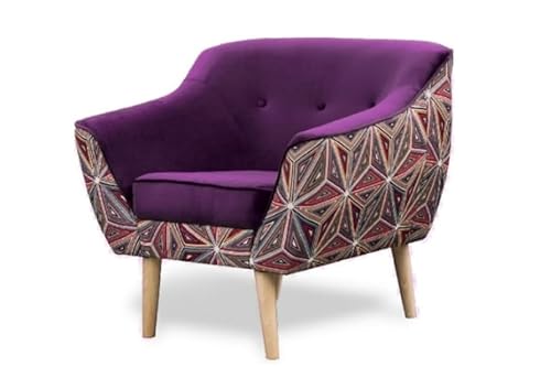 Sessel Melvi Relaxsessel Pflaume Violett LILA Grafischer Muster Skandinavischer Polstersessel Höhe 75 cm Holzbeine Samt Breite 80 cm hohe Füẞe Steppung (Riviera 69 - Pflaume) von Sofello