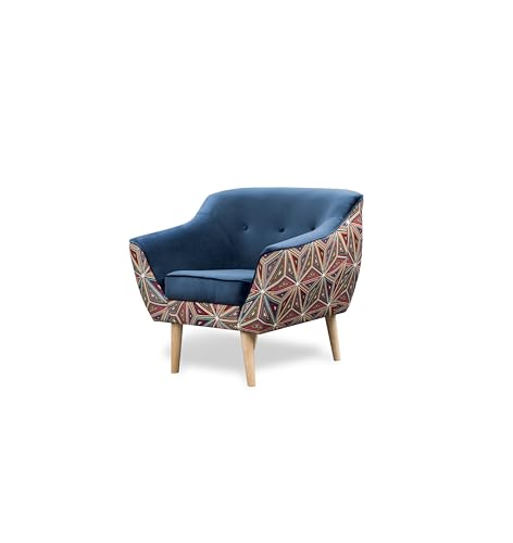 Sessel Melvi Relaxsessel Pflaume Violett LILA Grafischer Muster Skandinavischer Polstersessel Höhe 75 cm Holzbeine Samt Breite 80 cm hohe Füẞe Steppung (Riviera 81 - blau) von Sofello