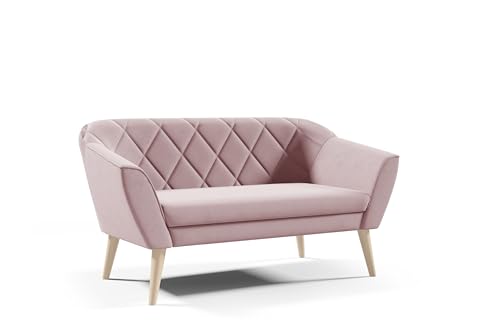 Sofa Gloria II Sitzer Velours skandinavischen Bank beige Samt Holzbeine schöne Steppung (Manila 09 - Rosa) von Sofello