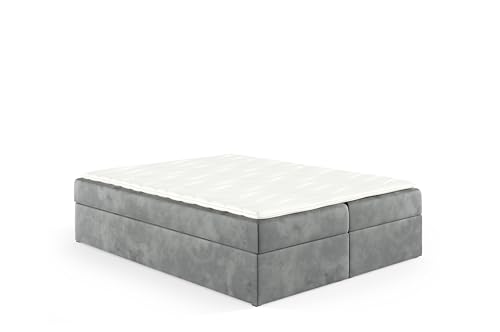 Sofello Boxspringbett Liam ohne Kopfstütze 120 x 200cm 2X Bettkasten Topper 5cm Gratis Beige Velour ohne Beine Schlaffläche + 3 cm: 123/143/163/183/203 cm (Riviera 91 - grau, 120x200) von Sofello
