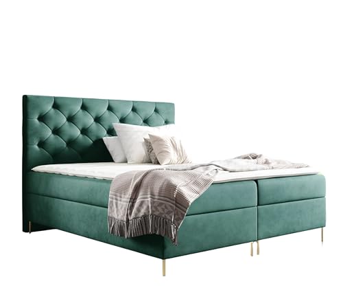 Sofello Boxspringbett SARA 200 x 200cm 2X Bettkasten Topper 5cm Gratis Grau Velour mit Beine gepolstertes Bett 180 x 200 cm (Riviera 38 - grün, 160x200) von Sofello