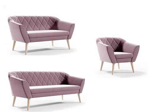 Sofello Couchgarnitur Gloria Wohnzimmerset 3+2+1 Sitzer Samt Hohe Holzfüße Buche (Riviera 62 - Rosa) von Sofello