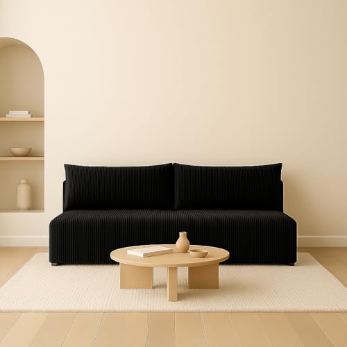 Sofello Ecksofa LUNO mit Schlaffunktion Beige – Moderne Cordsofa für Ihr Wohnzimmer, Schlaffläche: 204×144 cm (Poso 135 - schwarz) von Sofello