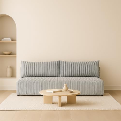 Sofello Ecksofa LUNO mit Schlaffunktion Beige – Moderne Cordsofa für Ihr Wohnzimmer, Schlaffläche: 204×144 cm (Poso 55 - hellgrau) von Sofello