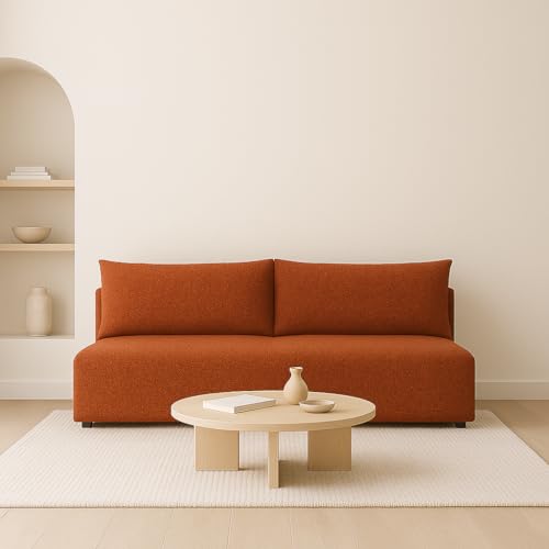 Sofello Ecksofa LUNO mit Schlaffunktion Beige – Moderne Cordsofa für Ihr Wohnzimmer, Schlaffläche: 204×144 cm (Quelle 54 - orange) von Sofello