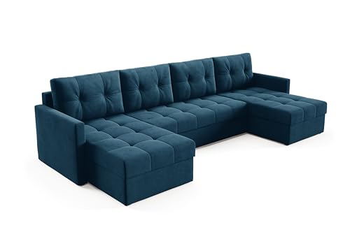 Sofello Modernes Ecke mit Schlaffunktion und Bettkasten U-Ecke modernes Ecke 301 x 140 x 86 cm - großes XXL-Ecke (blau) von Sofello