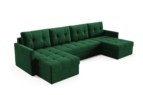 Sofello Modernes Ecke mit Schlaffunktion und Bettkasten U-Ecke modernes Ecke 301 x 140 x 86 cm - großes XXL-Ecke (grün) von Sofello
