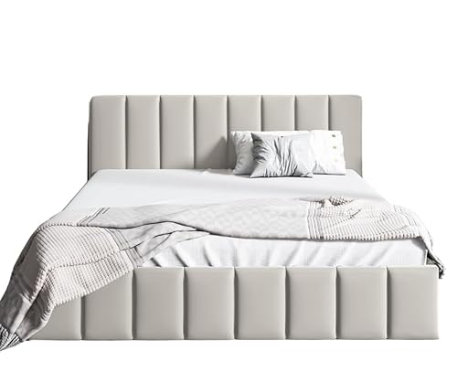 Sofello Polsterbett NINA aus Samt 180x200 mit mit Metall-Lattenrost Doppelbett mit Stauraum (Riviera 21 - beige, 160x200) von Sofello