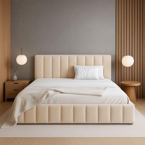 Sofello Polsterbett NINA mit Holzlattenrost 120 140 160 180 200 cm aus Samt Samtdoppelbett für Erwachsene und Jugendliche (Riviera 21 - beige, 180x200) von Sofello