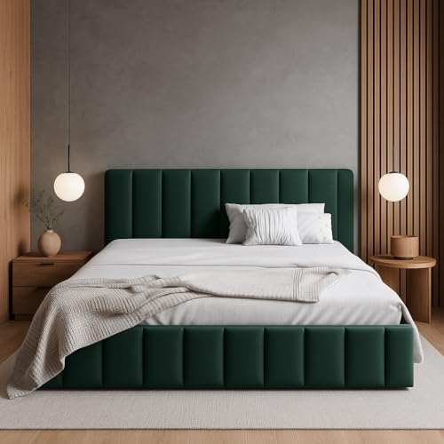 Sofello Polsterbett NINA mit Holzlattenrost 120 140 160 180 200 cm aus Samt Samtdoppelbett für Erwachsene und Jugendliche (Riviera 38 - grün, 200x200) von Sofello