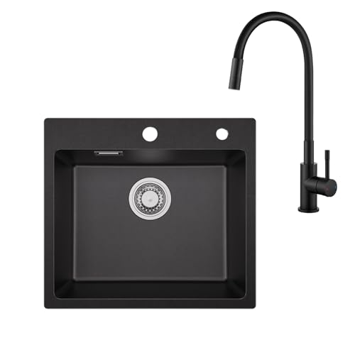 Sofetiy Granitspüle Schwarz 50x45 cm mit Flexiblem Wasserhahn Set, Spülbecken Küche Einbauspüle mit Ablaufgarnitur & Armatur Schwarz, Spüle mit 2 Hahnlöchern von Sofetiy