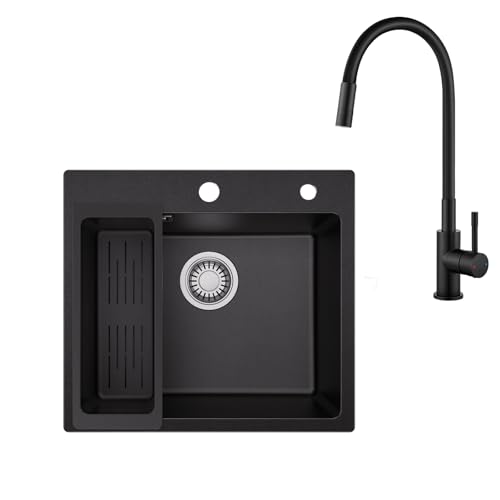 Sofetiy Granitspüle Schwarz 50x45 cm mit Flexibler Küchenarmatur Schwarz Set, Eckige Küchenspüle Einbauspüle mit Ablaufgarnitur & Mischbatterie Edelstahl, Spülbecken Küche von Sofetiy
