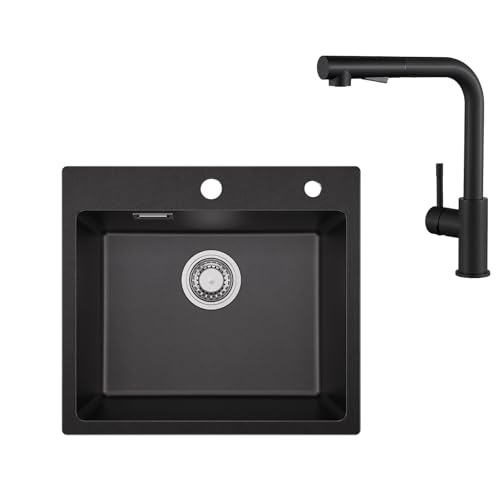 Sofetiy Granitspüle Schwarz 50x45 cm mit Küchenarmatur Ausziehbar Set, Spülbecken Küche, Einbauspüle mit Ablaufgarnitur, Spüle Mischbatterie Schwarz mit Ausziehbrause von Sofetiy