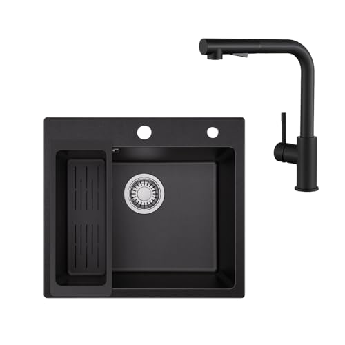 Sofetiy Granitspüle Schwarz 50x45 cm mit Wasserhahn Küche ausziehbar Set, Eckige Küchenspüle Einbauspüle mit Ablaufgarnitur, Mischbatterie Schwarz Edelstahl, Spülbecken Küche von Sofetiy