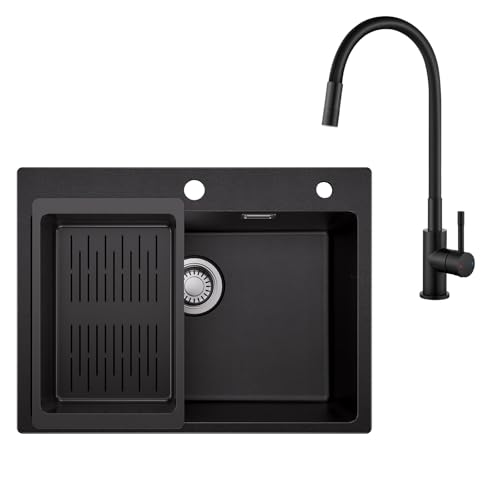 Sofetiy Granitspüle Schwarz 60×45 cm mit Flexibler Küchenarmatur Schwarz, Einbauspüle Rechteckig mit Wasserhahn 2 Strahlarten Set, Küchenspüle Granit Waschbecken mit 2 Hahnlöchern von Sofetiy