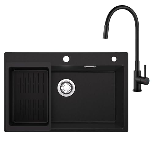Sofetiy Granitspüle Schwarz 70x45 cm mit Flexibler Spültischarmatur Schwarz Set, Rechteckige Küchenspüle Einbauspüle mit Ablaufgarnitur & Mischbatterie Edelstahl, Spülbecken Küche von Sofetiy