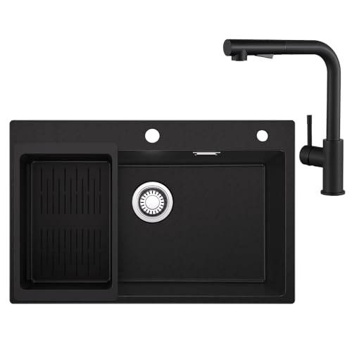 Sofetiy Granitspüle Schwarz 70x45 cm mit Mischbatterie Ausziehbrause Set, Küchenspüle Rechteckig für 70 cm Unterschrank, Spülbecken Küche mit Ablaufgarnitur von Sofetiy