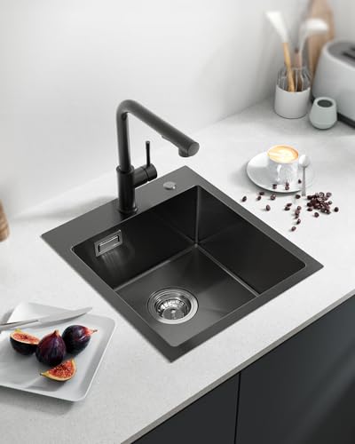 Sofetiy Spülbecken Schwarz 40x45cm, Spüle Schwarz Anthrazit, Küchenspüle Edelstahl für Unterschränke ab 40cm Breite, Waschbecken Küche Klein Edelstahlspüle Einbauspüle inkl. Siphon von Sofetiy