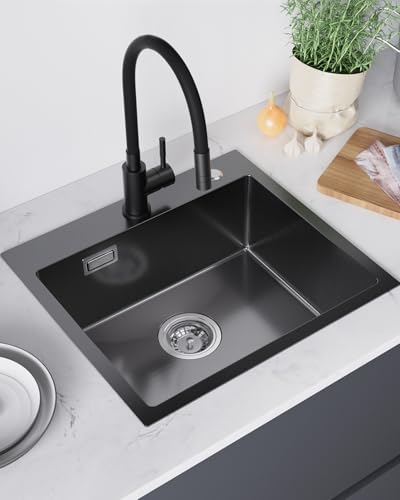 Sofetiy Spülbecken Schwarz 50x45 cm, Spüle Anthrazit Edelstahl, Moderne Einbauspüle Rechteckig, Küchenspüle mit Hahnloch, Spülbecken für Unterschrank ab 50 cm, Waschbecken Küche Edelstahl von Sofetiy