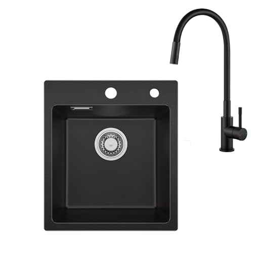 Sofetiy Spülbecken Schwarz Granit 40x45cm und Flexibler Küchenarmatur Schwarz, Spüle Küchenspüle Mit Siphon, Granitspüle Rechteckig Mit 2 Hahnlöcher, 1 Becken von Sofetiy