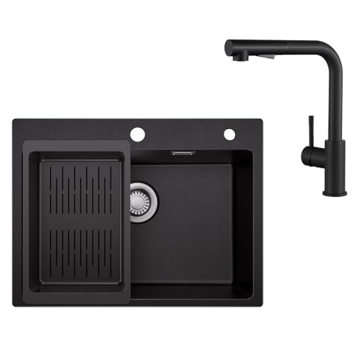 Sofetiy Spülbecken Schwarz Granit 60×45 cm mit Küchenarmatur Schwarz Ausziehbar 2 Strahlarten, Einbauspüle Granit Waschbecken Rechteckig, Küchenspüle mit Armatur, Komplett Set von Sofetiy